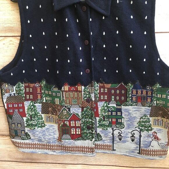 VINTAGE LIFESTYLE WOOL VEST WITH TAPESTRY WINTER SCENE IN NAVY BLUE - Picture 3 of 7